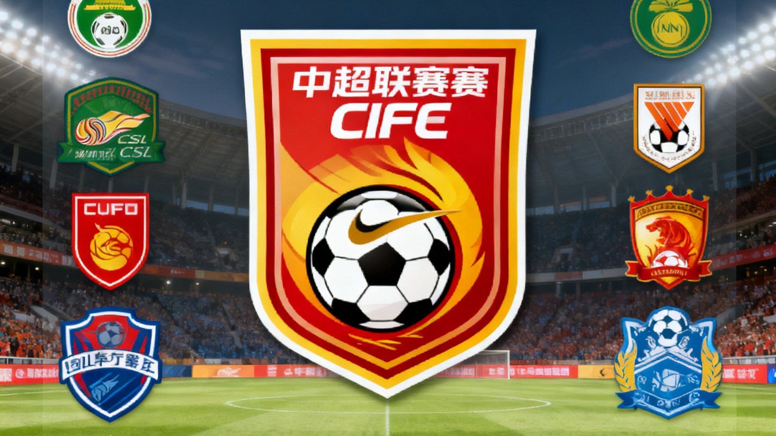 中超联赛新赛季赛程公布的新闻图片，背景是中超标志和各大俱乐部徽章排列展示