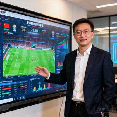 球迷网首席数据科学家陈宇的半身照，他站在数据分析大屏前，屏幕上显示着实时赛事数据可视化图表